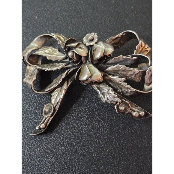 HOBE sterling silver floral bow brooch very vintage and lovely patina - Picture 5 of 8